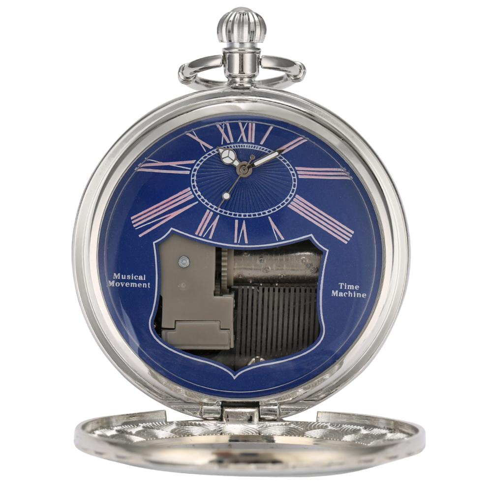 Reloj de bolsillo con movimiento Musical, pulsera de mano con superficie luminosa azul Steampunk, cadena FOB, Manivela para reproducir música, reloj de cuarzo único