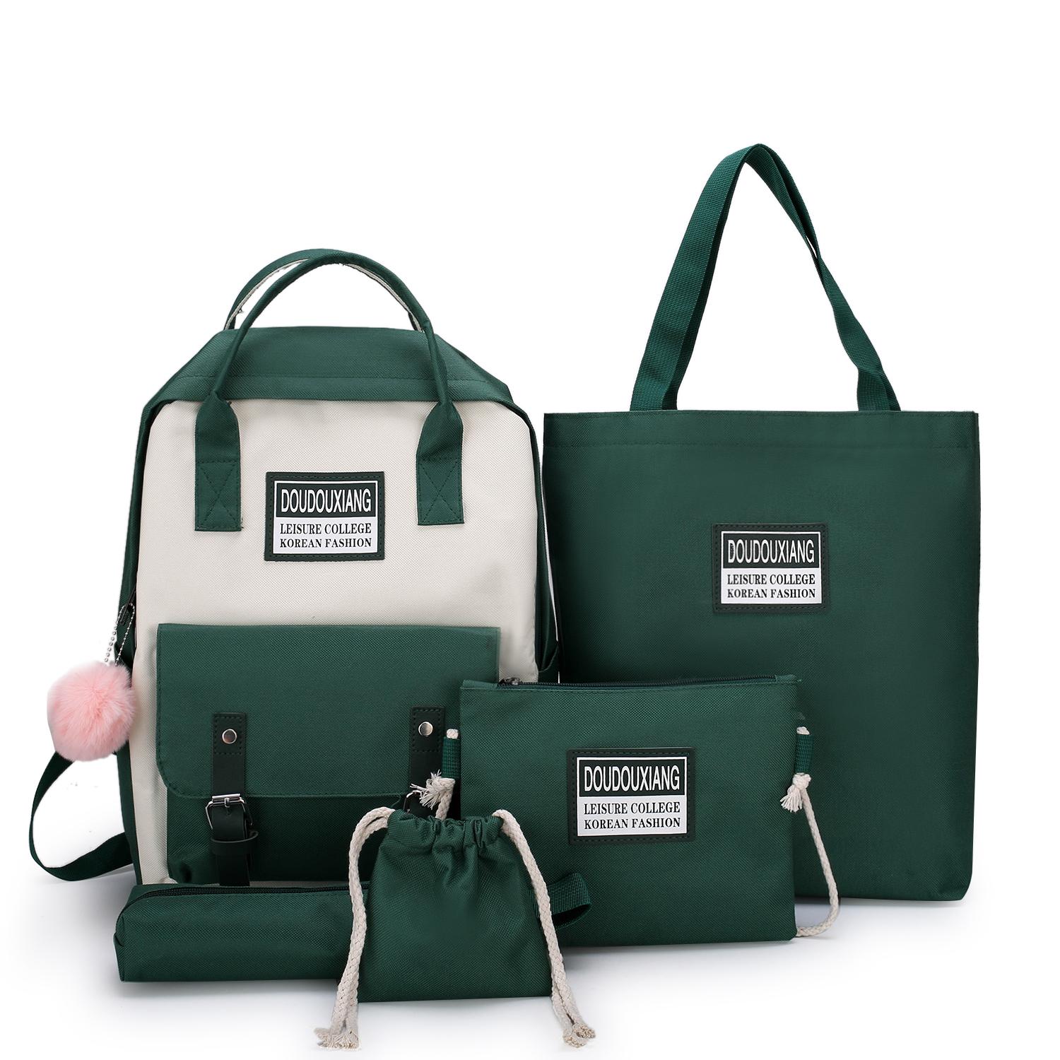 5 Piece Set High School Bags for Teenage Girls Canvas Travel Backpack Women Bookbags Teen Student Schoolbag Bolsas: Green