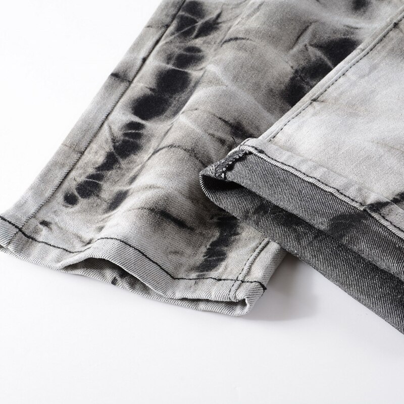 Slips för män och färgade snötvättade jeans med kedja streetwear slimmade stretchbyxor grå svarta byxor