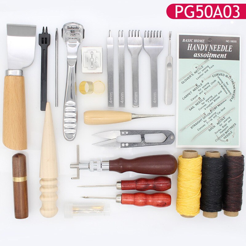 Leather Craft Hand Stitching Sewing Tool Kit Skiving Sewing Tool Set Thread Awl Waxed Tweezers Thimble Groover