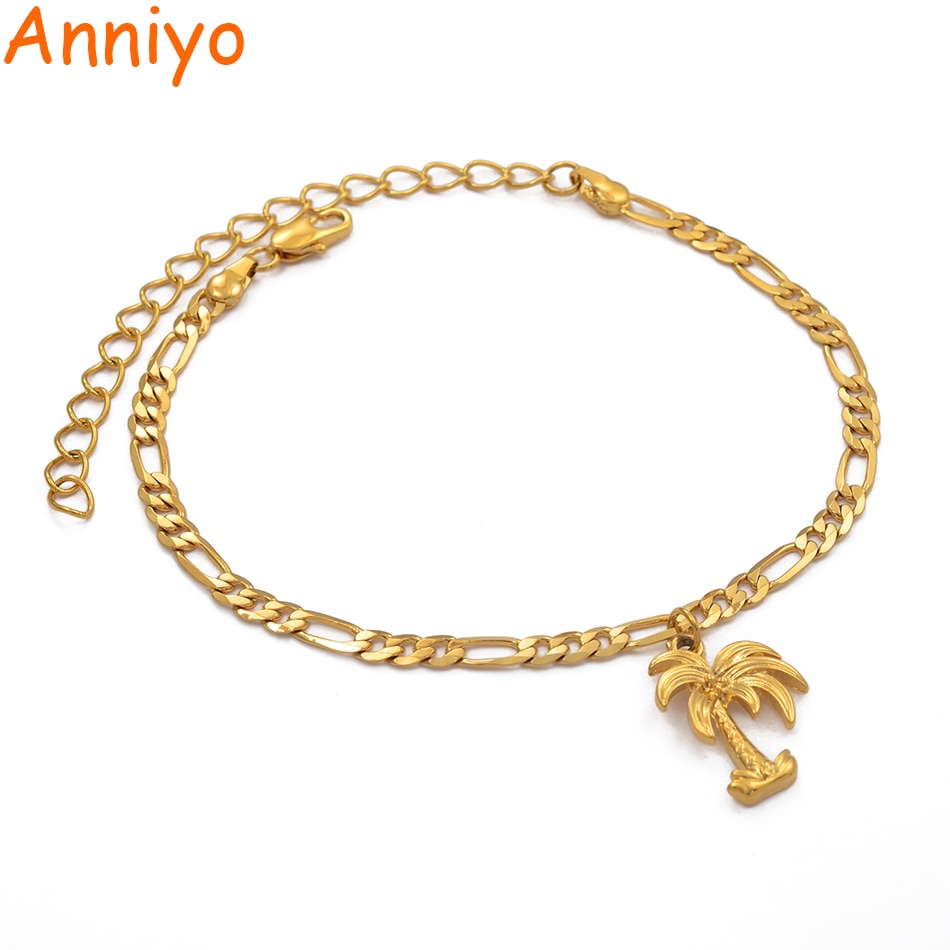 Anniyo Coconut Tree Anklets Gold Color Jewelry Plant Charm Palm Foot Chains for Women Mom Wedding and Party #214806