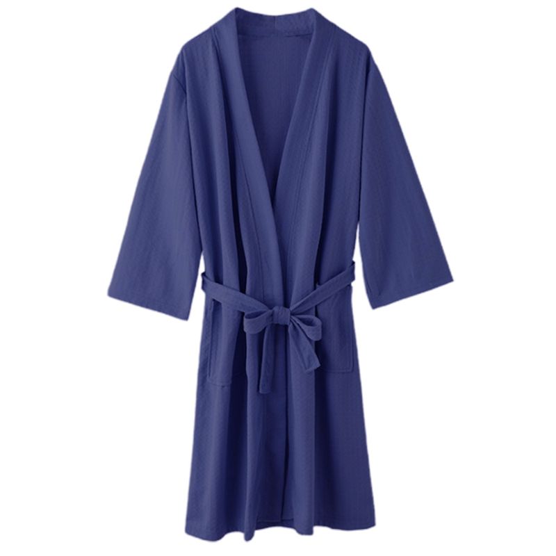 unisex Plus størrelse løs badekåpe vaffelvev sommer tynn kimono nattkjole åpenn front belte raskt tørr salong nattøy: Db / Xxxl