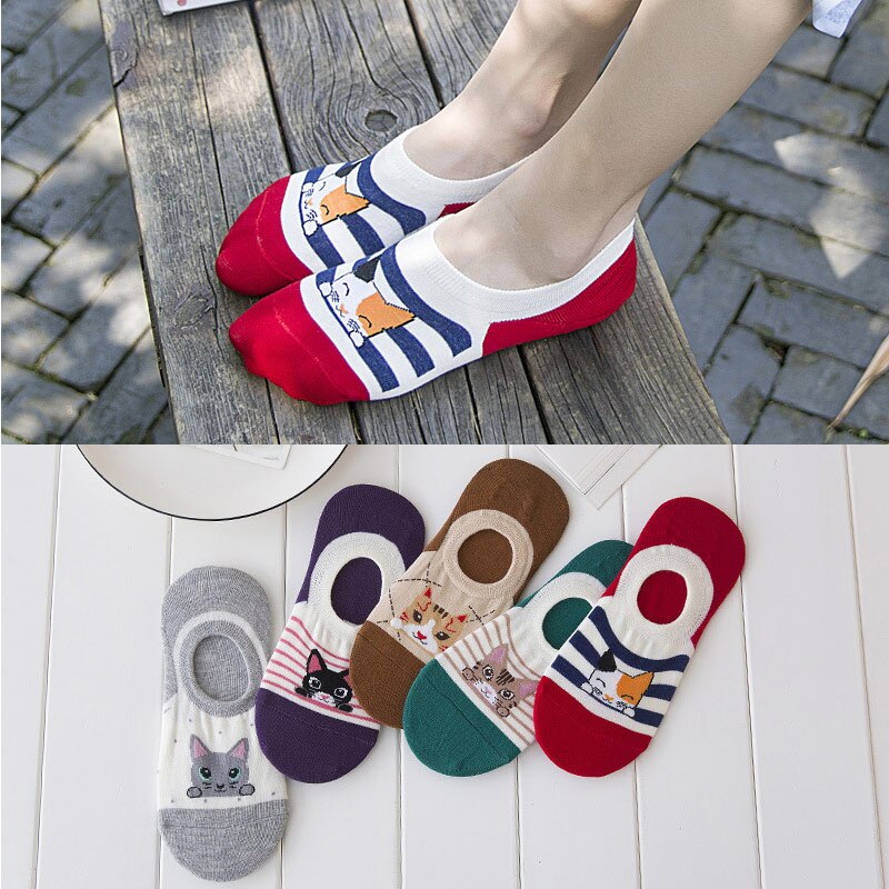 5 Paar Baumwoll-Knöchelsocken - Damen Low Cut Unsichtbare Bootssocken - Cartoon Tiermotiv: D