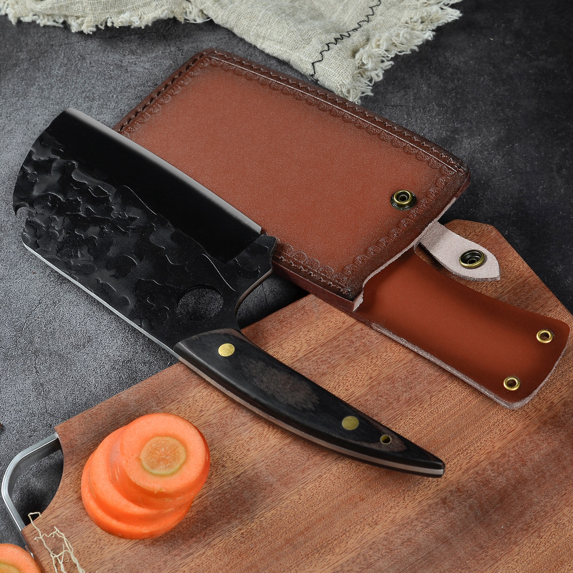 Kitchen Knife 7 Inch Cleaver Chopping Chef Knife Stainless Steel Knives Tool Sheath Leather Case Kitchen Knife