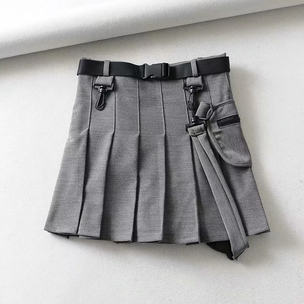 Faldas plisadas con cinturón Vintage para mujer, minifalda negra de cintura alta con bolsillos, ropa de calle, falda de Oficina Coreana,