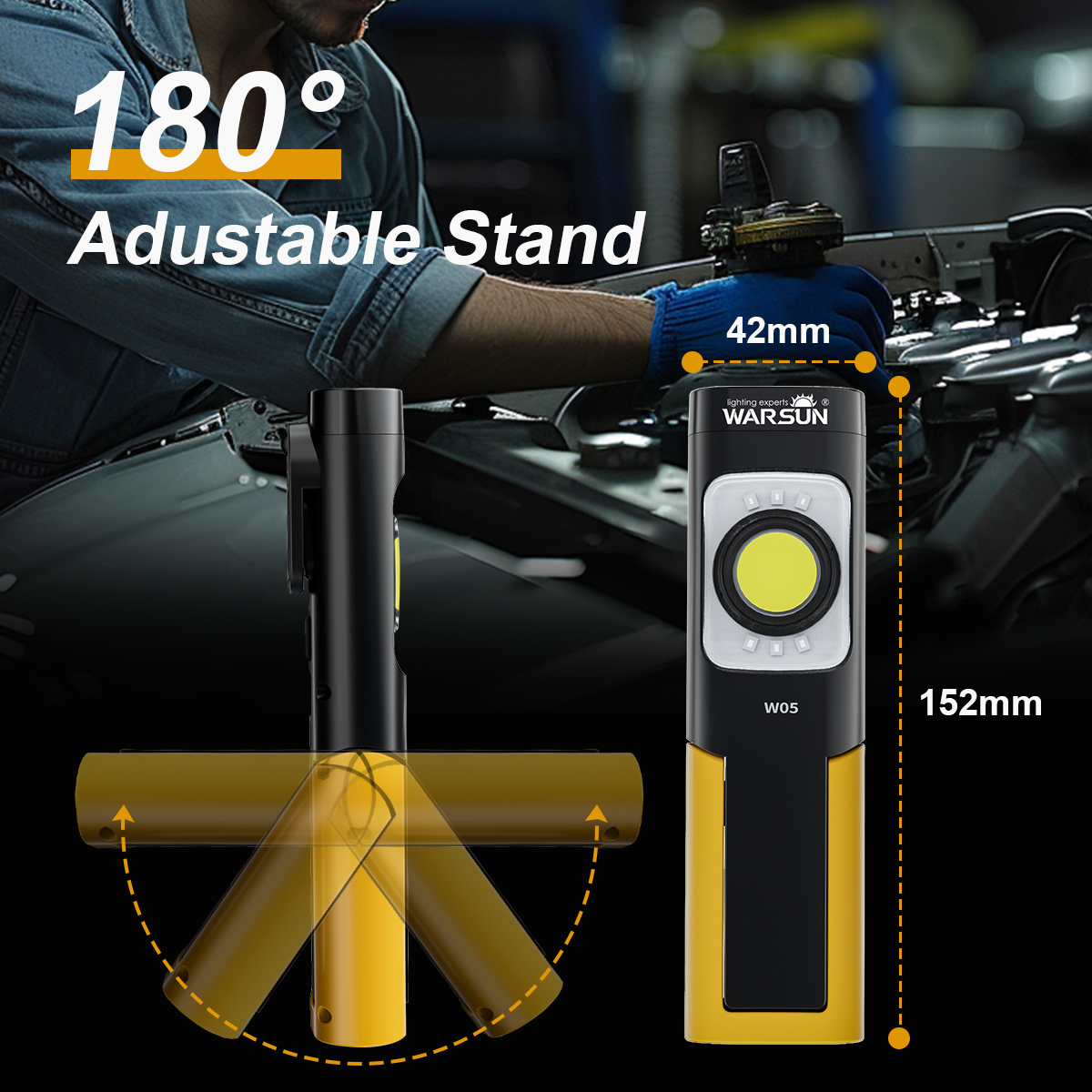 WARSUN LED Work Light , Rechargeable Work Light with Magnetic Base, Portable Flashlight with Clip, Hook and 180° Rotation Stand