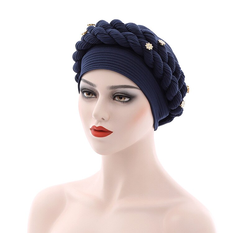 Ready to Wear Aso Oke Gele Turban Woven Messy Linen Crumpled Twist Braid Muslim Hat Robe Africain Headgear Headties Bonnets: Navy