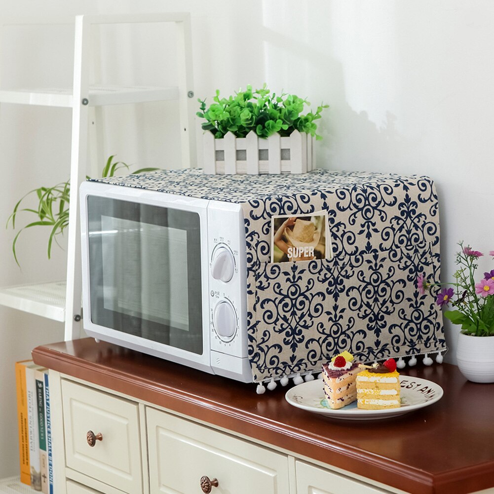 Protector para horno microondas de 30x90cm, Protector para máquina a prueba de polvo, aparato de cocina, Lino de algodón nórdico con bolsillos laterales para comedor: F