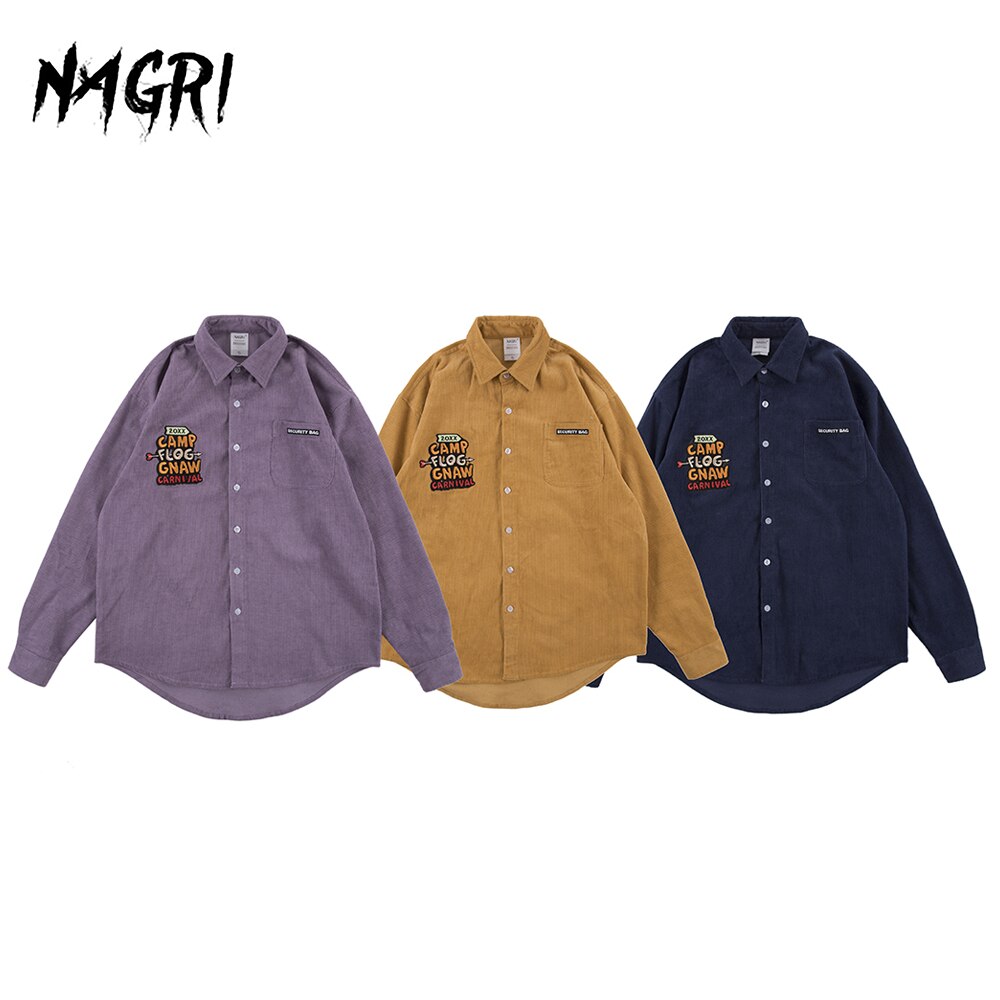 Camisa lisa de manga larga para hombre, Bordado de letras de pana Vintage Preppy de gran tamaño, camisas informales de algodón de estilo coreano