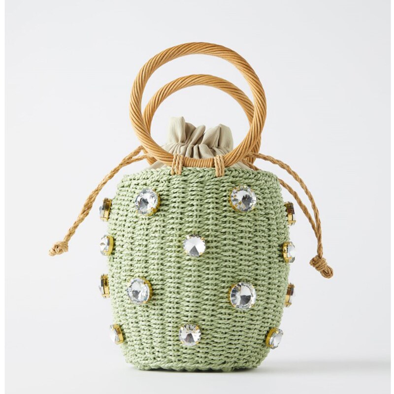 Sac d'été en paille pour femmes, fait à la main, en forme de seau, fourre-tout, pour la plage, sacs à main avec anse: green
