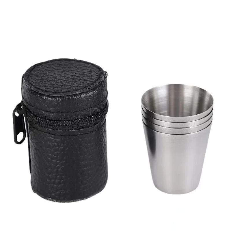 1/4 Stuks 30Ml Outdoor Praktische Roestvrijstalen Bekers Mini Set Glazen Voor Whisky Wijn Met Case Reizen Draagbaar Wijnglas: Black