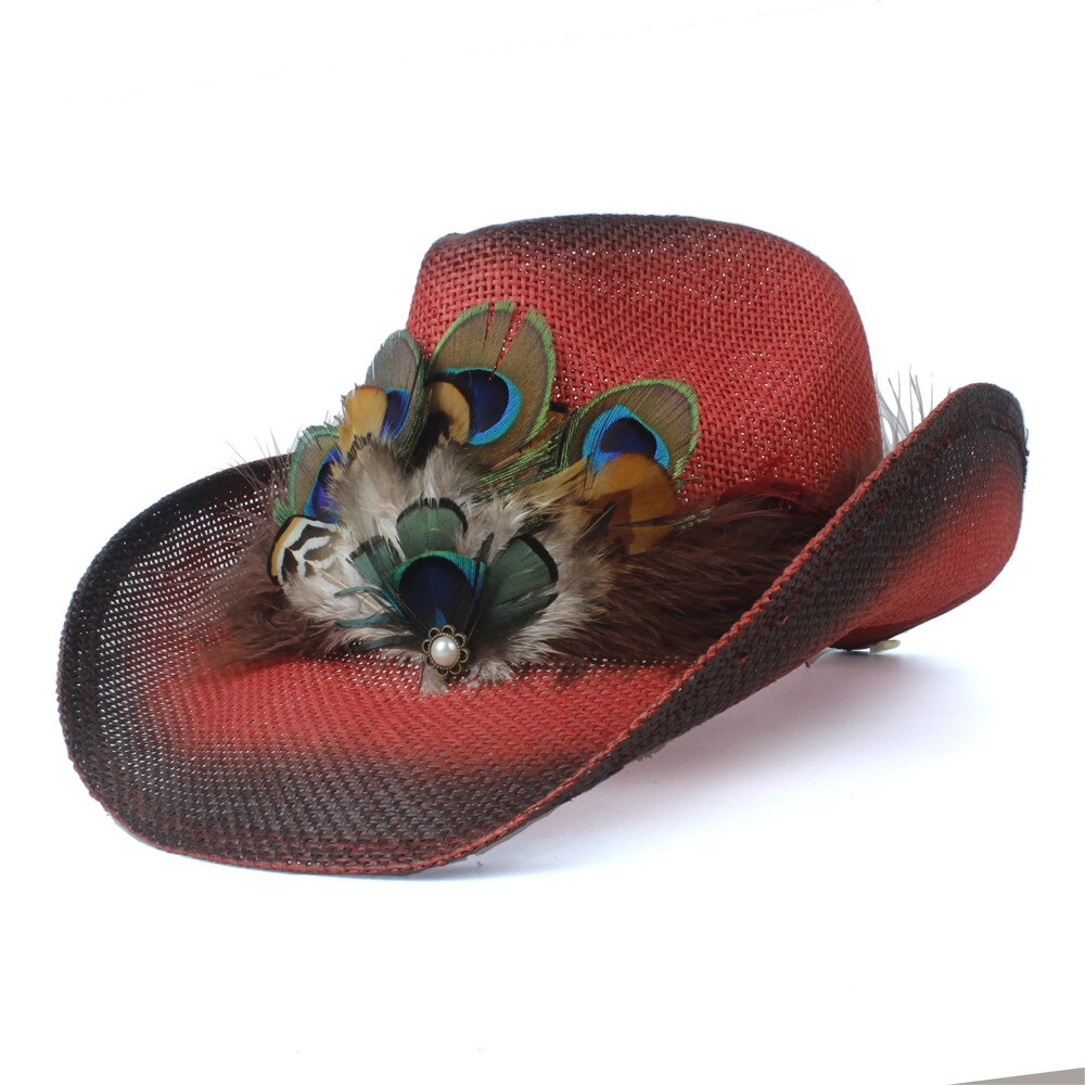 Kvinder mænd strå hul western cowboy hat dame rød bohemia kvast sombrero hombre beach cowgirl jazz solhat str. 58cm: Rød kq