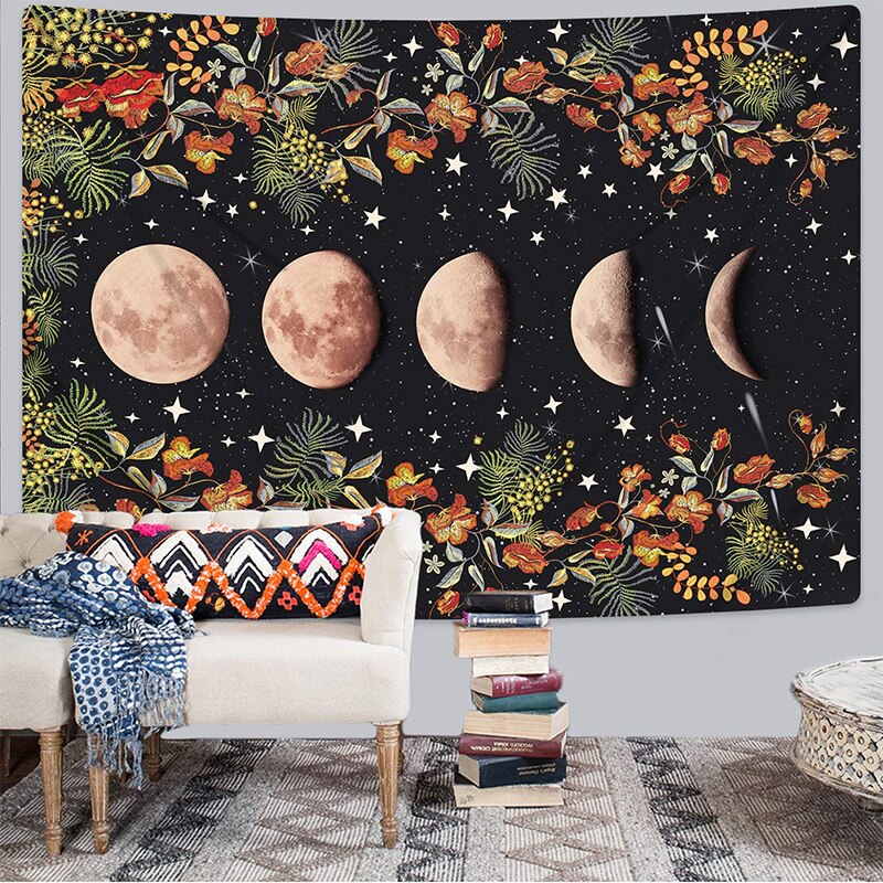 Large Moonlit Garden Tapestry, Moon Phase Flower Vine Tapestry Black Background Floral Tapestry Wall Hanging for Room