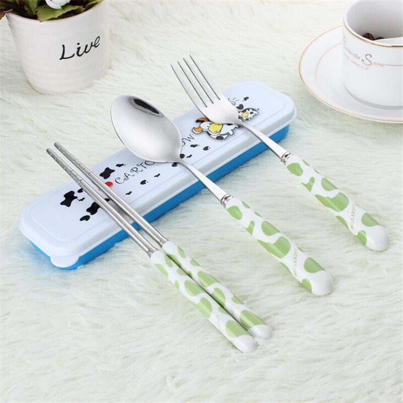Baby kinderen schattige vork lepel bestekset cartoon keramische handgreep roestvrij staal kinderen eetstokjes vork bestek draagbaar servies: Groen 3 stuks