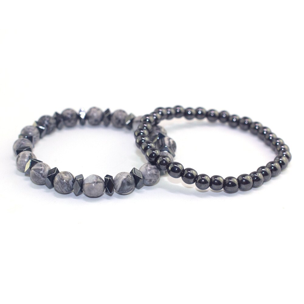 Bracelet en pierre grise noire, 2 pièces/ensemble, 6MM et 8MM, en pierre naturelle pour hommes, bijoux de fête