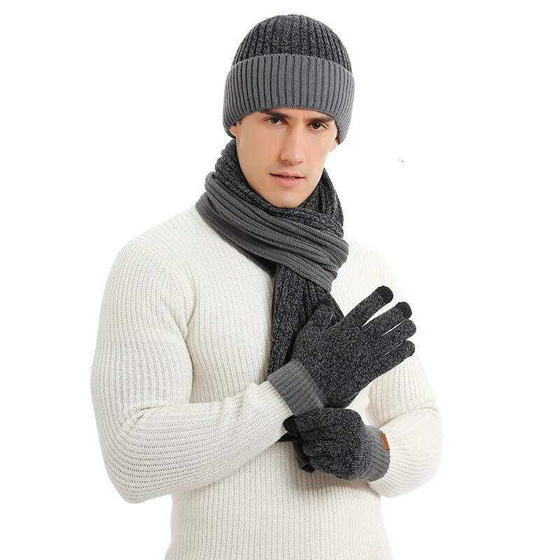 Xpeople blød fleece foret varm vinter mænd 3 stk strikket sæt strik hat lang tørklæde touch screen handsker sæt matchende vinter sæt: Farve 2