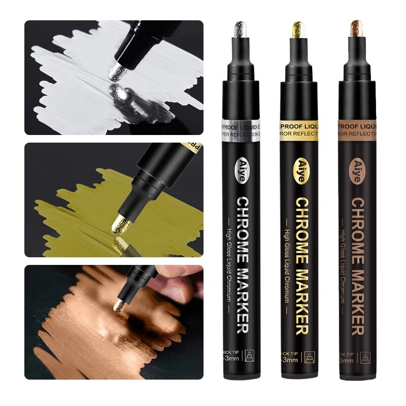 Mirror Marker Chrome Finish Gold Silver Metallic Marker Liquid Pen Art DIY Plastic Resin Paint Metallic Craftwork Accessories