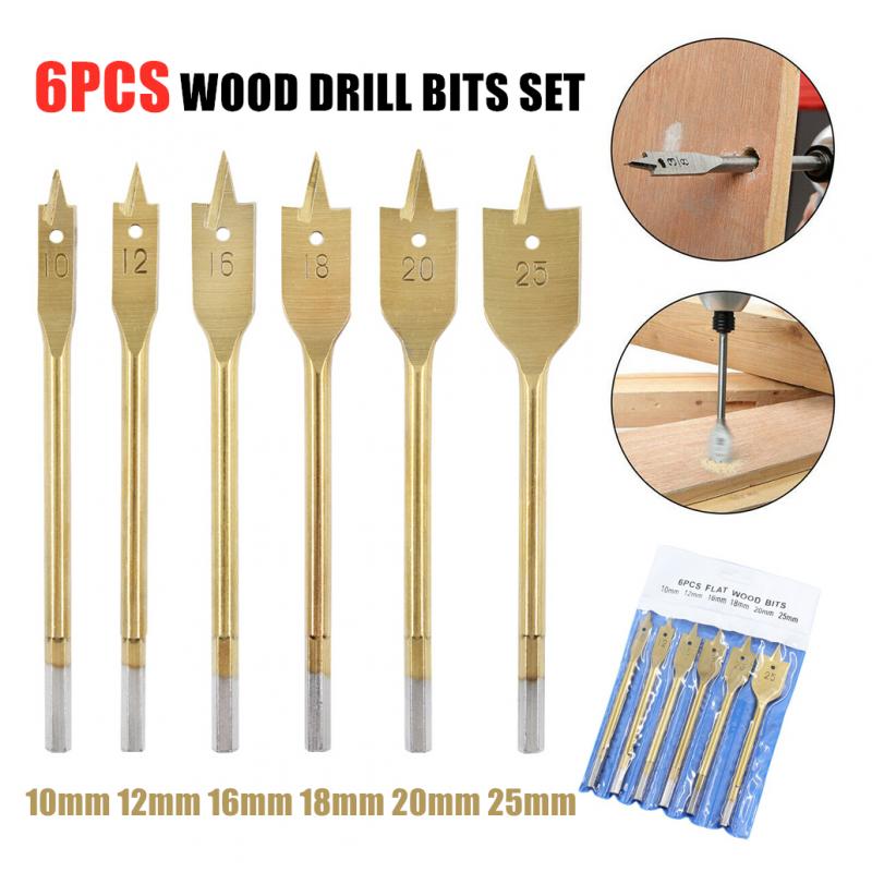 6Pcs 10-25mm Woodworking Drill Bits Hexagonal Shank Wood Drilling Tool Flat Drill High-carbon Steel Wood Flat Drill Set Titanium