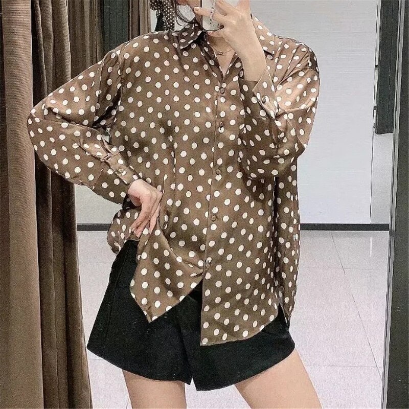 Aelegantmis Vintage Polka Dot Blouses Shirt Female Spring Long Sleeve Casual Women Dot Shirt Green Loose High Street Chic
