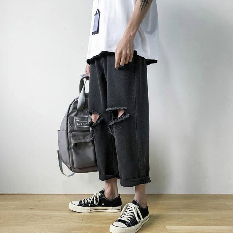 Pantalones vaqueros para hombre, holgados, rectos, hasta los tobillos, combinables, de calle, rotos, estilo coreano, elegantes y chic.