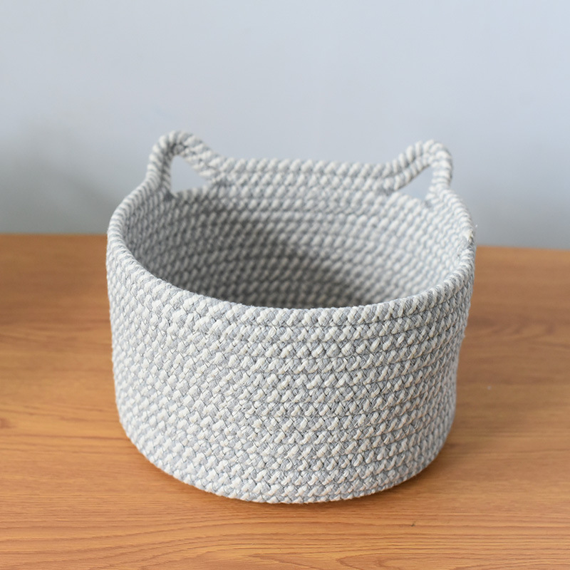Box Fabric Office Storage Basket Decorative Accessories Cat Ear Desktop Hand-woven Cotton Rope Key Sundries Snack Basket: Gray / S 18X10CM