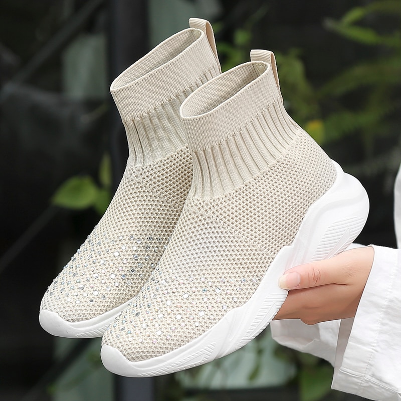 Vrouw Platform Schoenen Mode Sneakers Zachte Hak Vrouw Casual Schoenen High-Top Gebreide Vrouw Leisure Enkelsok Stof Mesh flats