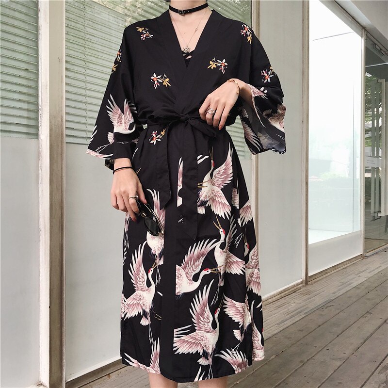 Kimono japonés de tipo Yukata Kimono Cardigan blusa de mujeres de manga larga Cardigan Haori Kimonos tradicionales cinturón de vestido largo: Long coat