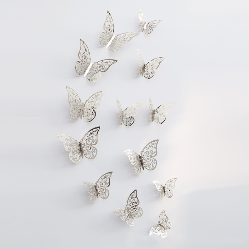 12 Pcs/Set 3D Wall Mirror Stickers Hollow Butterfly for Kids Rooms Home Wall Decor DIY Decals Fridge Stickers Room Decoration: Sliver C