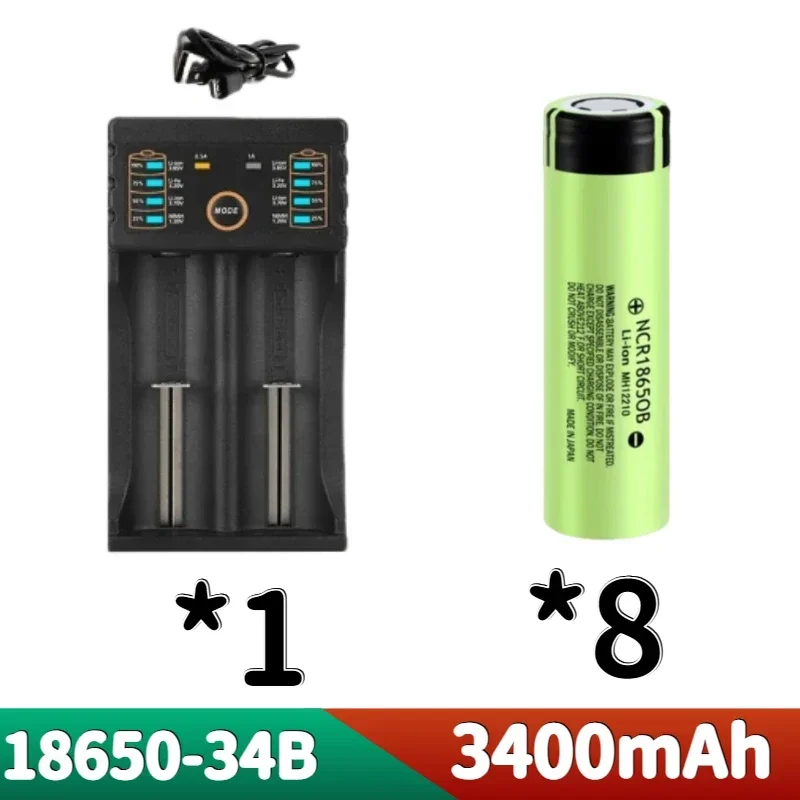 NCR18650B 3400mAh battery brand original 3.7V 12A discharge rechargeable lithium battery flashlight battery+USB charger: GRAY