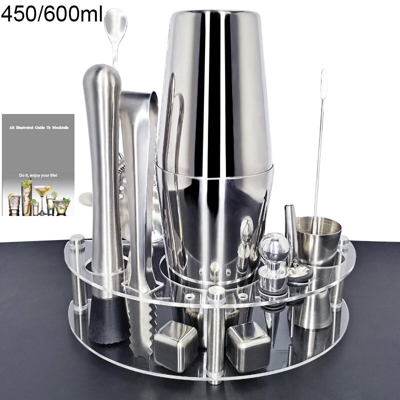 450/600/750ml cocktail shaker set 1-12 delar barware kit rostfritt stål martini shaker med stativ + drink recept, tång kork: 12pc 450 600ml rack