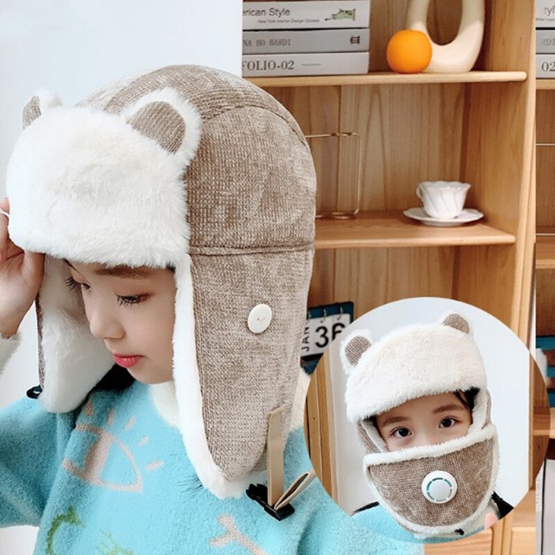Plus Fleece Bomber Cap Child Winter Keep Warm Girl Cute Cartoon Boy Windproof Ear Protection Face Mask Gorra