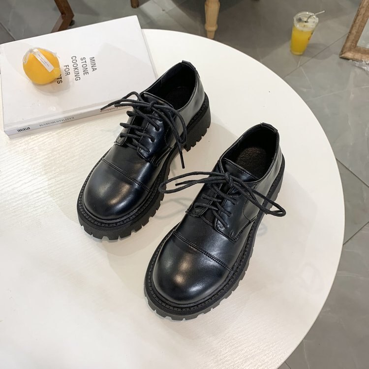 Oxford – chaussures classiques à semelle ronde pour femmes, Brogue noires, plates à lacets, décontractées, à semelle épaisse en Pu, printemps