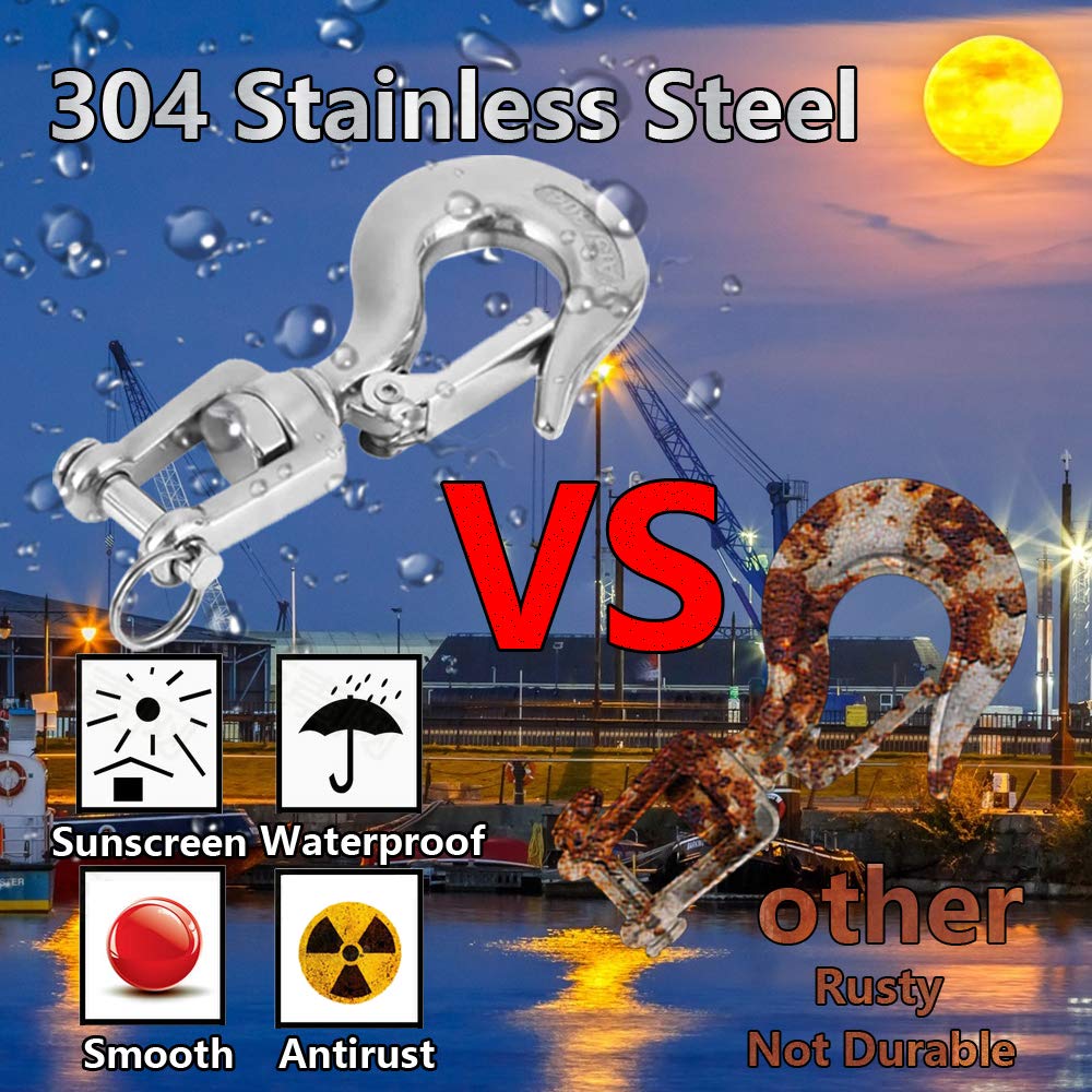 2Pcs Slip Hook (771lb/ 350kg) 304 Stainless Steel Clevis Hook Safety Hook with Safety Latch Swivel Lifting Hook Capacity