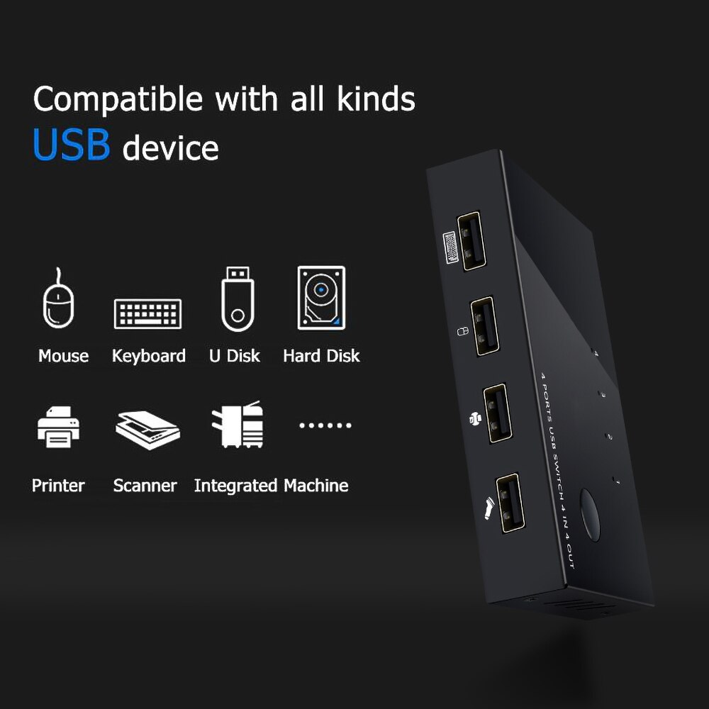 USB KVM Switch Box USB 2.0 Switcher 4 Port PCs Sharing 4 Devices for Keyboard Mouse Printer Monitor Switch Selector