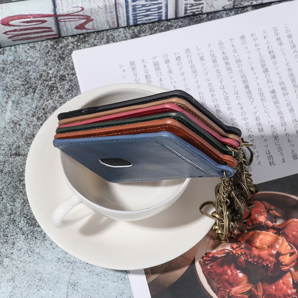 PU Leather ID Credit Card Holders with Key Ring Keychain Card Holder for Men Women Retro Business Card Bag