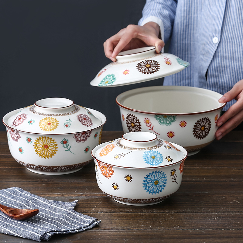 Large capacity Japanese ceramic cover soup noodle bowl stew bowl household tureen tableware set