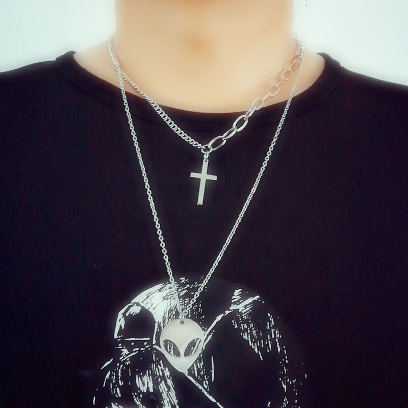 Punk Rock Stainless Steel Long Chain Double Layer Necklace Cross Alien Pendant Disco DJ Band Women Men Guys Necklaces Unisex