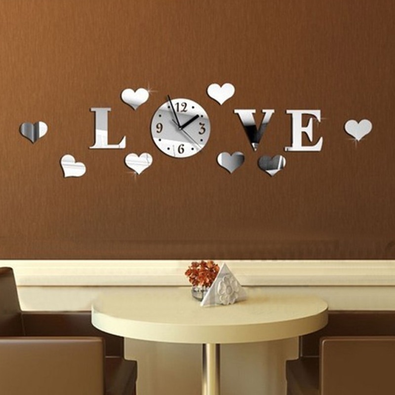Mirror Effect Decal Clock Acrylic Glass Decor Home DIY Romantic Floor Clock 3D LOVE Wall Clock Stiker Stickers Silver Living
