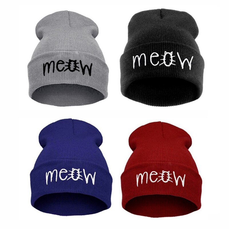 1pc Winter Autumn Hat Wool Cap Boys Beanie Winter Knit Skull Hat Girls Boys Meow Letter Children Kids Hat Cap