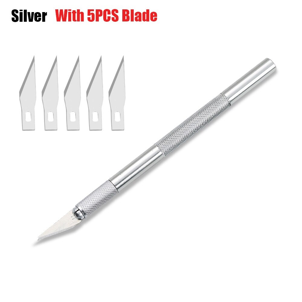 DIY Art Cutting Tool Craft Cutting Kinfe with Blade Safety Cutter Paper Knife with 5pcs Blades Cutting Pen Metal Engraving Pen: silver 1 set