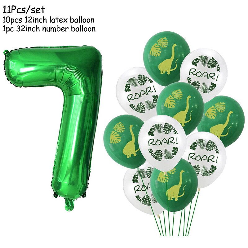 11Pcs Green Foil Number Balloons Dinosaur Latex Balloon Kids Jungle Theme Birthday Safari Forest Party Decorations Baby Shower: Number7 set