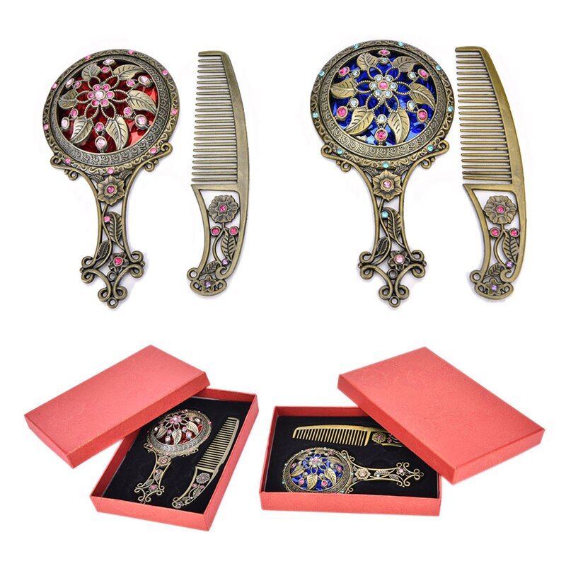 2 Stks/set Retro Brons Handheld Spiegels Hollow Cosmetische Compacte Spiegel Kam Set Met Box Willekeurige Kleur
