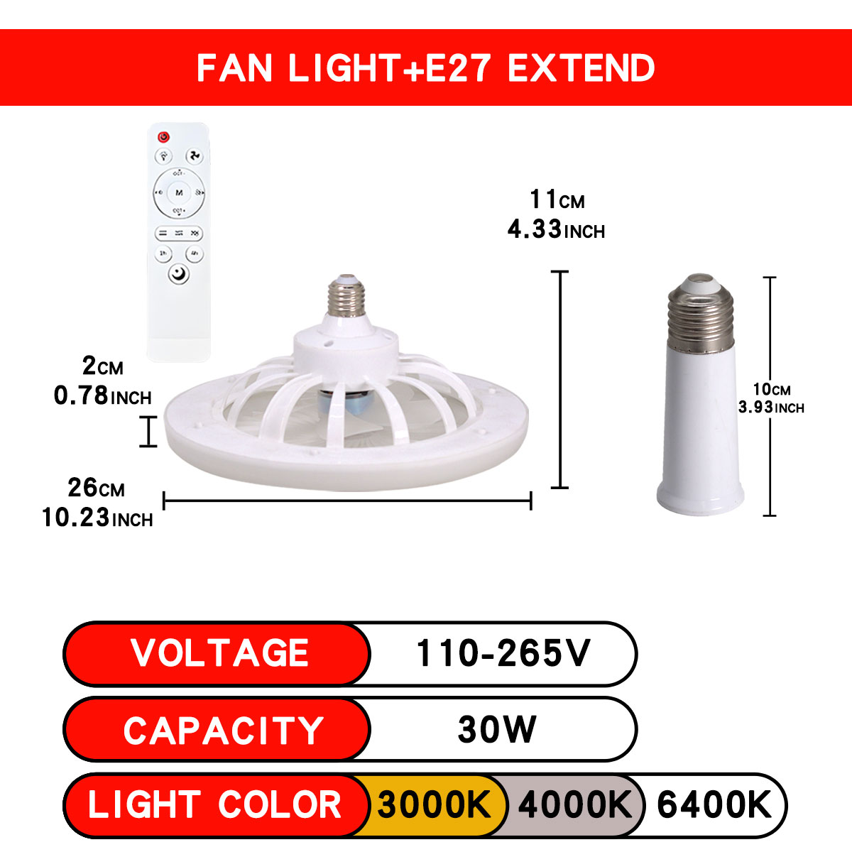 Luz LED para ventilador de techo E27 con control remoto, atenuación, velocidad del viento regulable de 3 velocidades, adecuada para sala de estar, estudio, baño: Rojo