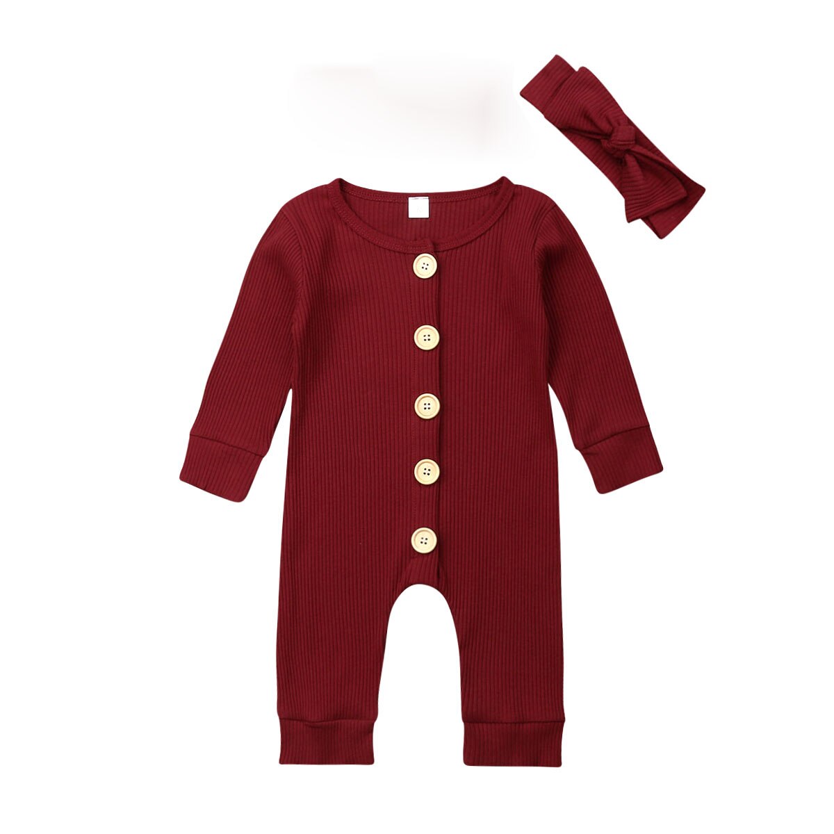 2 Stuks Pasgeboren Baby Gebreide Solid Jumpsuit Meisje Jongen Kleding Lange Mouw Herfst Romper Lange Mouw Hoofdband Outfit Kleding: Wine Red / 3M