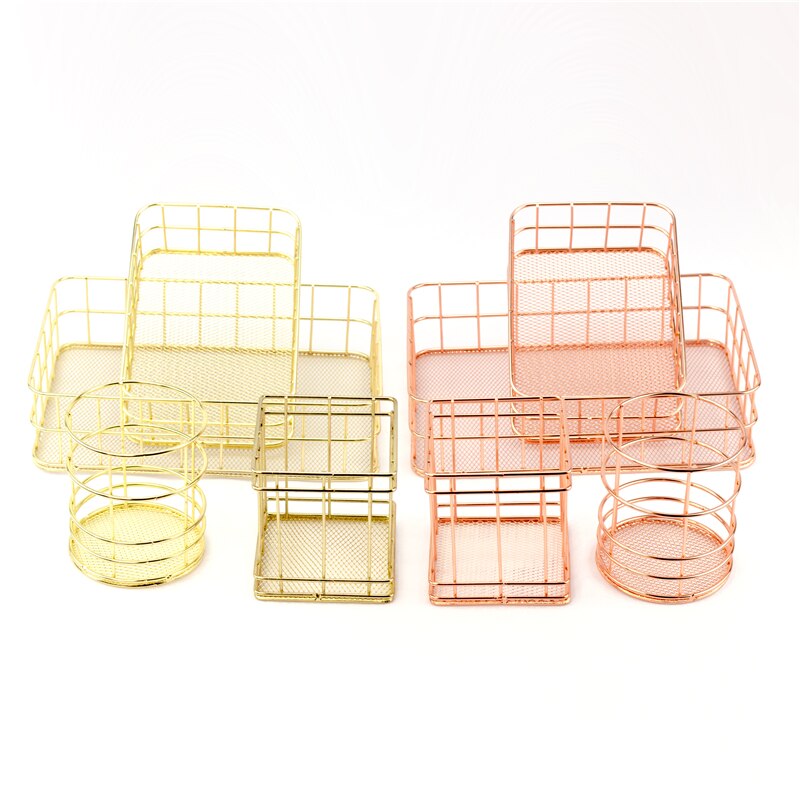 Nordic Makeup Organizer Basket Eyeliner Brush Set Storage Cup Rose Gold Iron Art Dressing Table Makeup Cosmetic Organizer Box