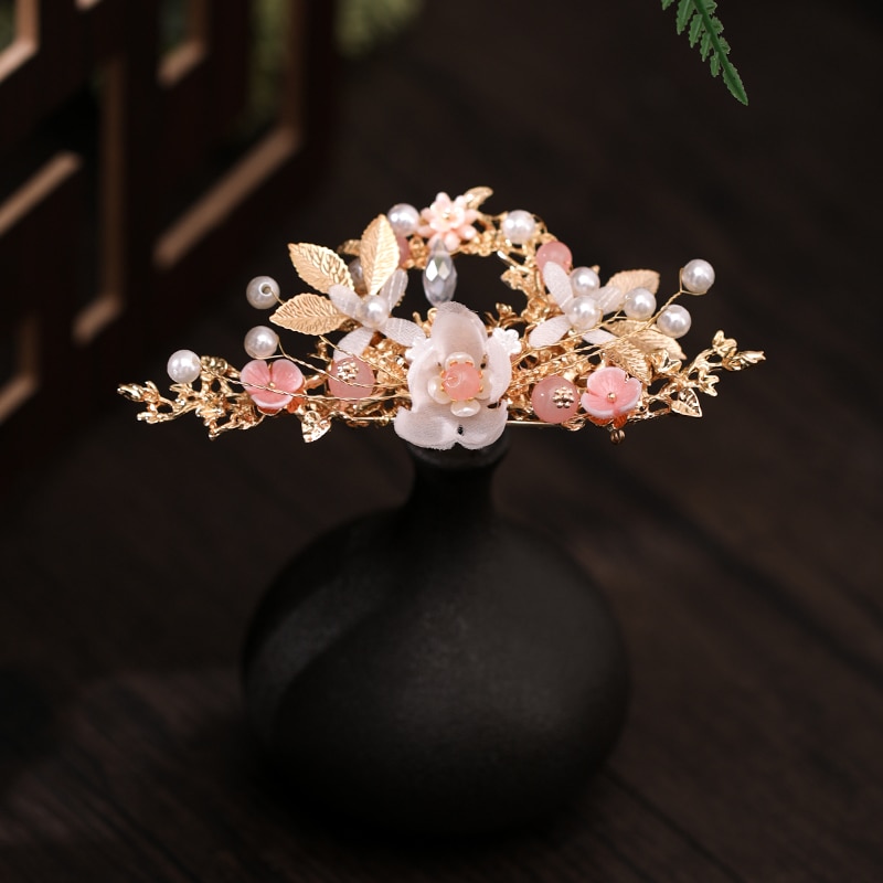 Chinese Long Hair Stick tiara Headpiece Women Hair Accessories Flower Crystal Pearl Hair Pins Handmade Hair Jewelry Accessories