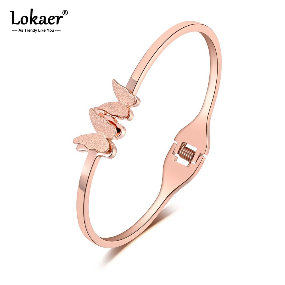 Lokaer Alla Moda di Titanio in Acciaio Inox A Doppia Farfalla Dei Braccialetti Dei Braccialetti per Le Donne Ragazze Del Polsino Del Braccialetto Del Braccialetto Dei Monili B19067
