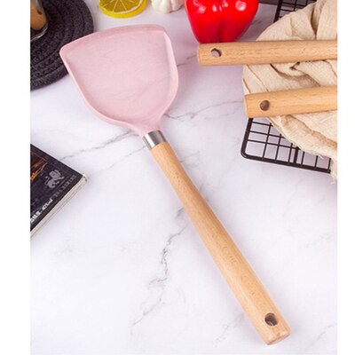 Pink Silicone Kitchen Utensils Set Heat Resistant Nonstick Baking Cooking Tools wooden handle Kitchenware Accessories: A