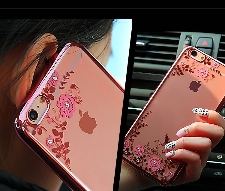 Dla iPhone 7 6S Plus 5 5S 6 przypadku Para Chic kwiat Flora Bling diament Rhinestone wyczyść miękka TPU poszycia skrzynka dla iPhone 7 przypadku