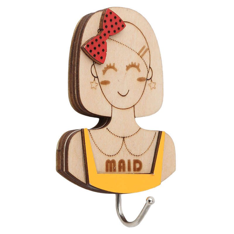 Wooden Cartoon Door Non-Marking Adhesive Hook Strong Load-Bearing Wall Adhesive Three-Dimensional Removable Hook: Maid